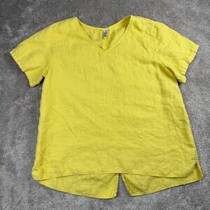 Yellow Linen V-Neck Top Short Sleeve Blouse Size L Kleen Minimalist Lagenlook